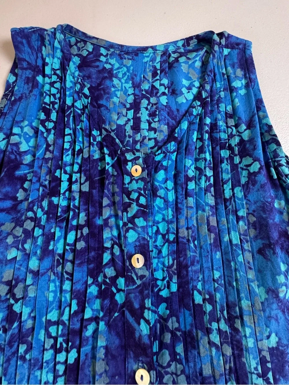 Blue Batik Rayon Sleeveless Pintuck Button Front A-Line Dress